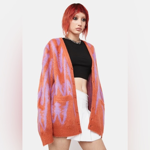 Obey Sweater Orange and Purple Copper Multi Helix Fuzzy Cardigan Size Medium - Picture 14 of 15